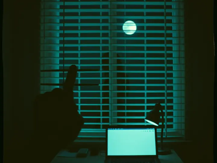 A hand at a moonlit window blind above a glowing laptop.