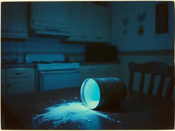 An open canister spilling glowing blue powder on a kitchen table.