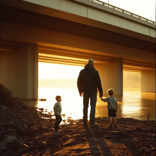 A man and two boys under a highway bridge at sunset.