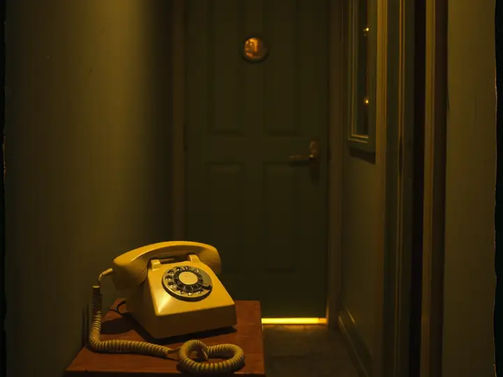 A rotary telephone on a side table beside an apartment door.