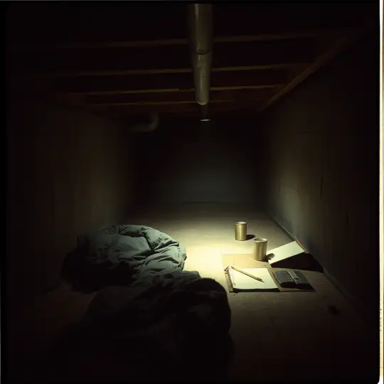 A sleeping bag and a small light in a low crawlspace under a house.