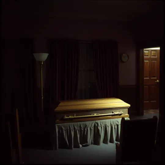 A casket in a dim funeral home room.