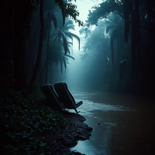Two aircraft seats on the bank of a misty jungle river.