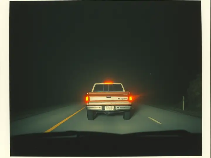 A pickup truck with its lights on, stopped on a dark mountain road.