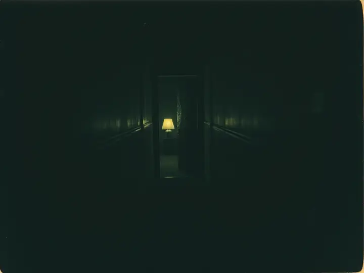 A dark hallway with a single lamp glowing at the far end.