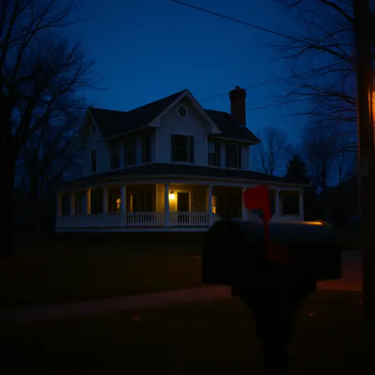 A white house with a porch at dusk, a mailbox in the foreground.